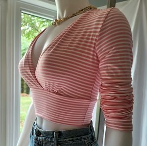 UK2LA Petite V-Neck Pink and White Wrapped Striped Crop Top Size S